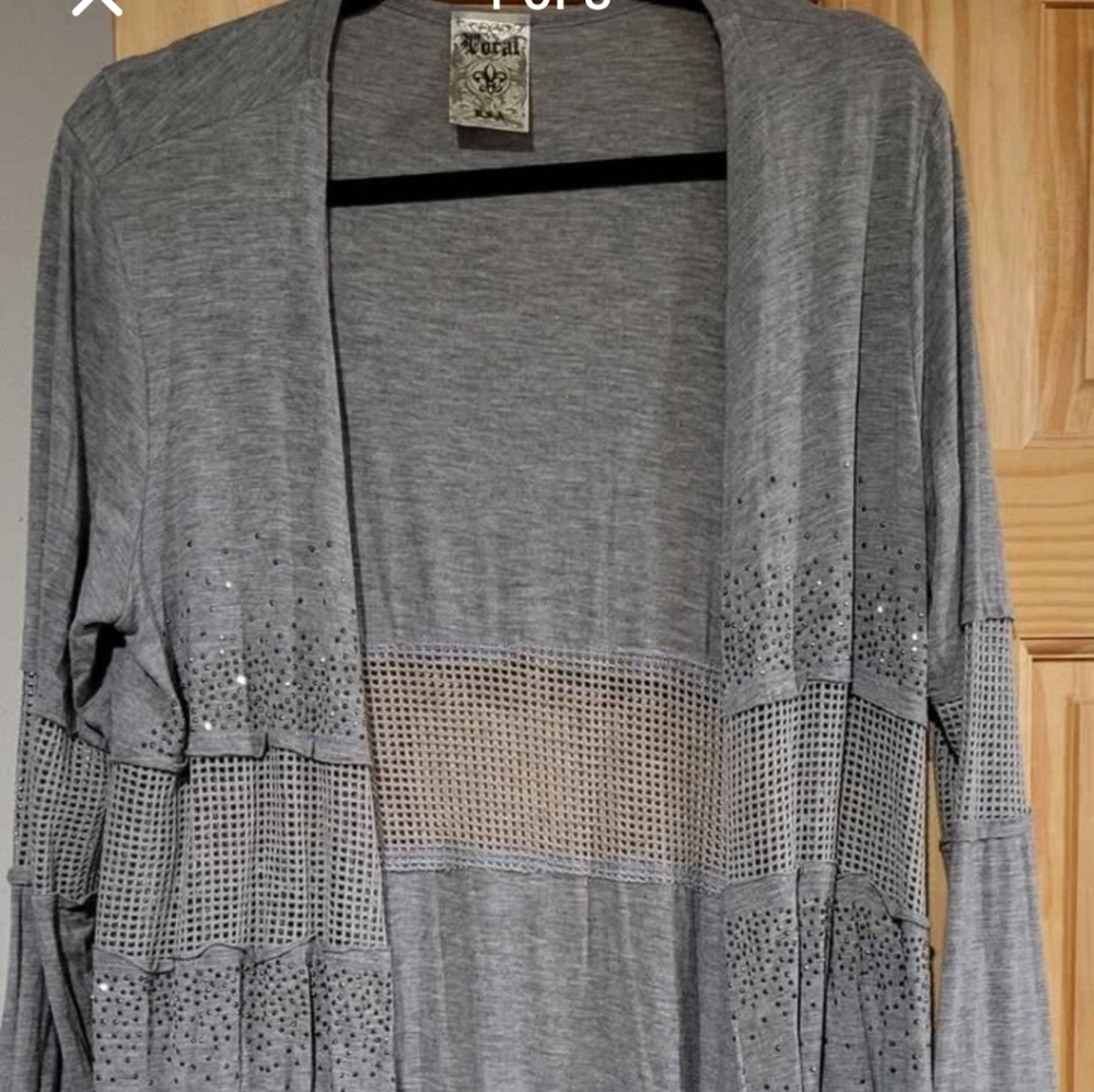 Gray Open-Front Cardigan with Mesh Detail.vocal Brand